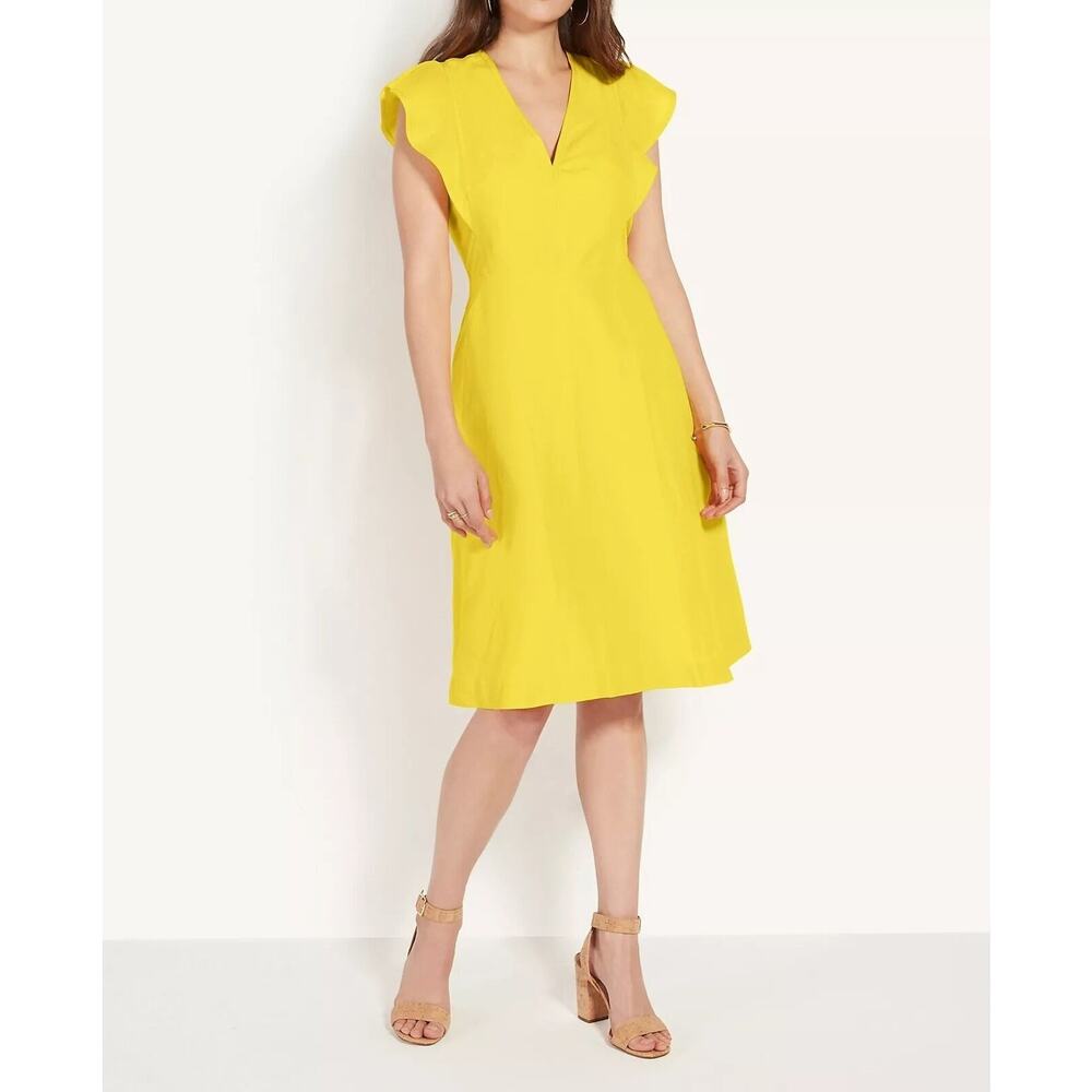 Ann Taylor Ruffle Sleeve Midi Flare Dress Yellow Linen Lyocell Casual Womens 8
